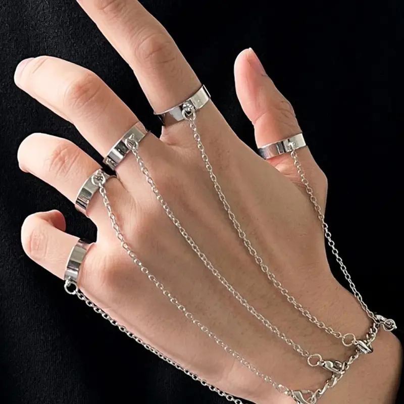 Hiphop Punk Creative Chain Bracelet Ring Set, Unisex Minimalist Adjustable Open Ring, Stylish Jewelry for Men & Women, Fashion Jewelry Set, Fashionable Jewelry Set