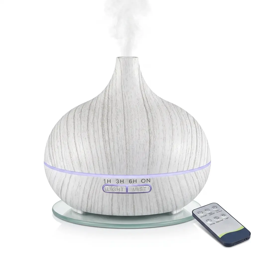 HONSUN 500ml Wood Grain Ultrasonic Essential Oil Diffuser - Cool Misting Humidifier with Remote Control, 7 Color LED Lights, 4 Timers, Adjustable Mist, Auto Shutoff, Built-In Cells for Home Users