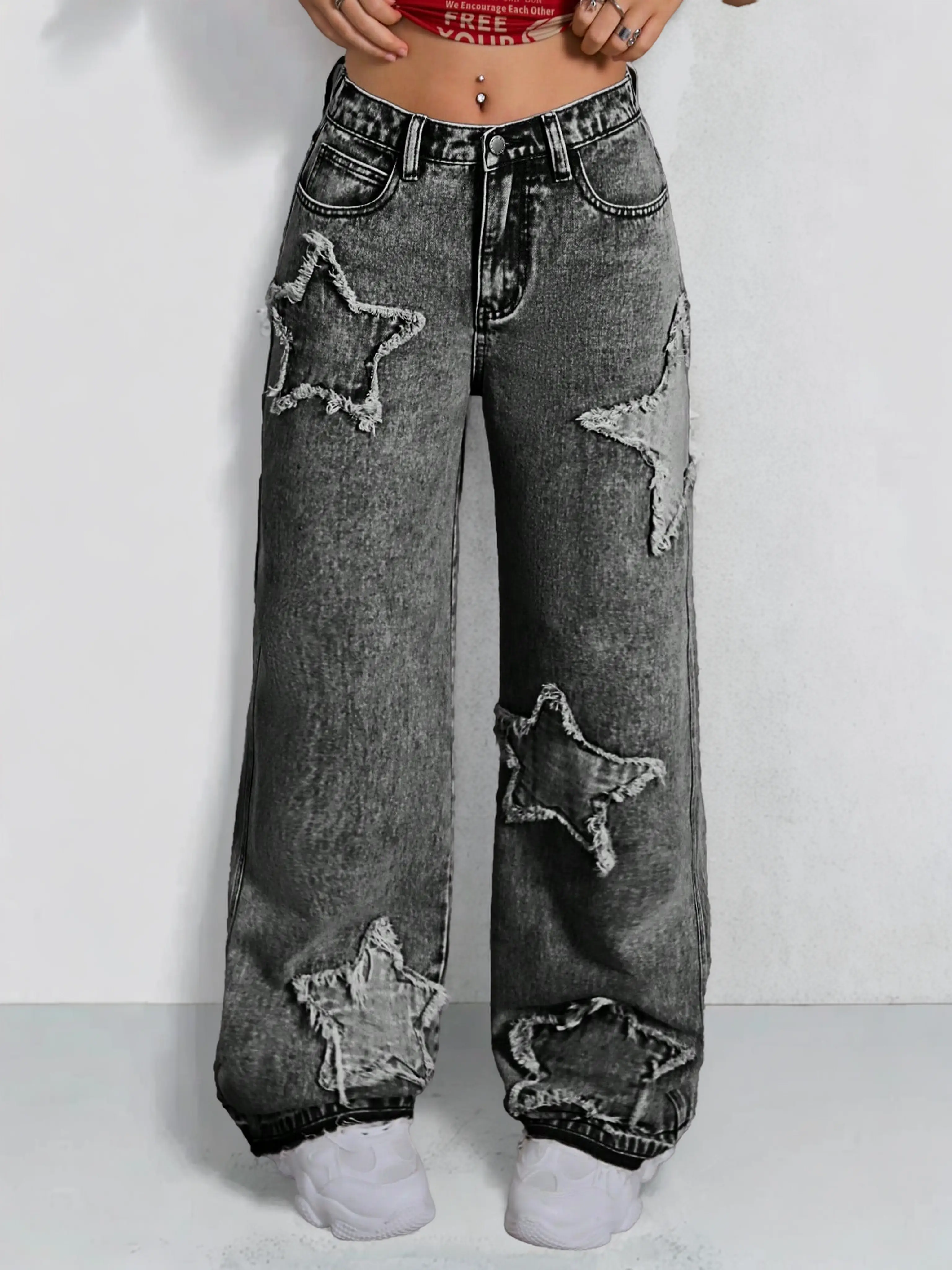 Trendy Gray Jeans for Girls barrel jeans girl Star Patch Design Y2K Style Teenage Denim Pants Star-Patterned Wide-Leg Girls'