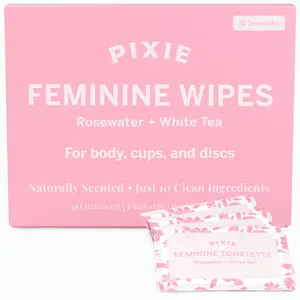 Pixie Feminine Wipes – Naturally Scented Rosewater + White Tea – Flushable, Biodegradable & pH Balanced – Individually Wrapped Wipes for On The Go – Cleaner for Menstrual Cups & Discs (10 Count)
