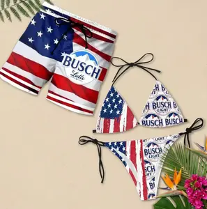 Patriotic Buss Light Apple Matching Couple Swimwear - American Flag Bikini & Board Shorts | Red White Blue Summer Party Outfits