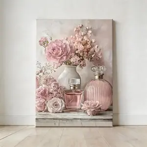 Vintage Floral Perfume Bottle Canvas Wall Art, Soft Pink Roses Painting, Wooden Framed Canvas, Shabby Chic Farmhouse Decor, Romantic Bathroom Bedroom Artwork
