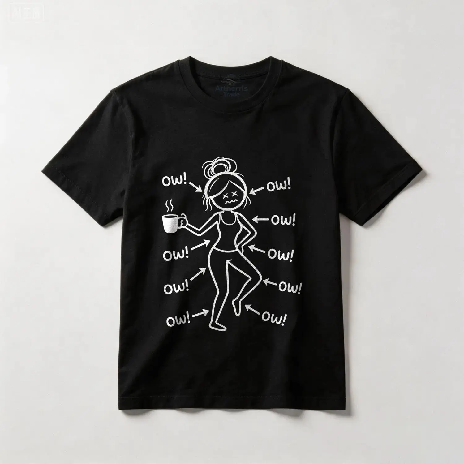 Humorous Ow Ow Ow Saying Body Pain Character Cotton T-shirt for Women Girls Casual Short Sleeve Crew Neck Unisex Top Graphic Tee