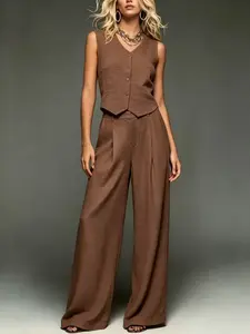Women’s sleeveless tie-front vest + wide-leg pants two-piece set, summer casual loose outfit suitable for everyday wear, vacations, and home wear
