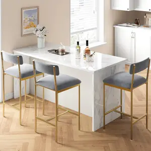 Modern Upholstered Bar Stools Set of 4 Wide Comfortable Counter Height Chairs with Back Support Gold Finished Metal Legs Thick Cushioned Seats Built-in Foot Rest Grey Fabric Kitchen Island Stools for Home Apartment Dining Area