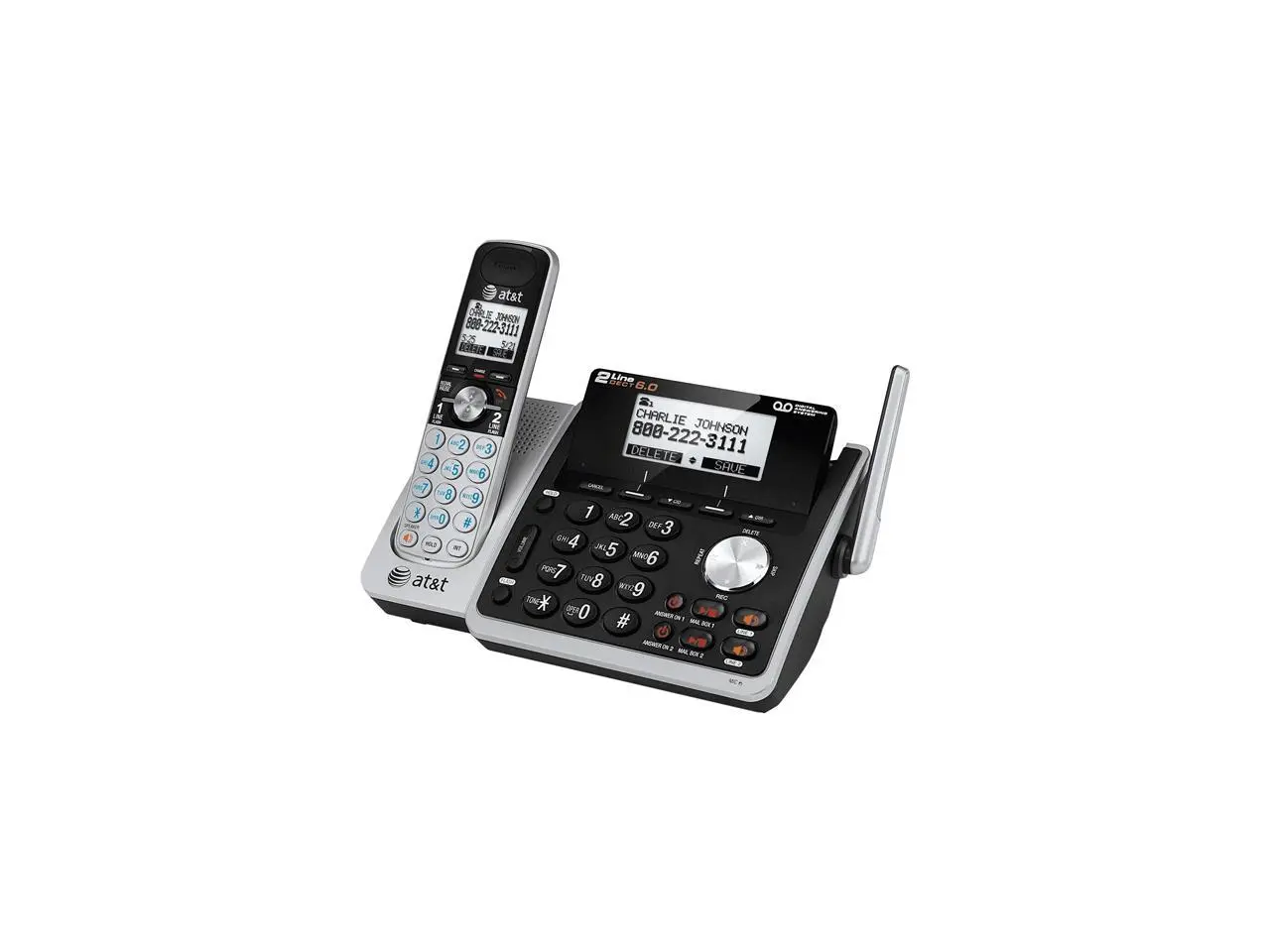AT&T TL88102 DECT 6.0 2-Line Expandable Corded/Cordless Phone with Answering System, Silver/Black, 1 Handset