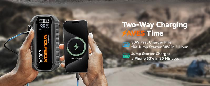 WOLFBOX 2000A Jump Starter 12000mAh Battery Jumper Starter Portable with LED Display 12V Car Battery Jump Starter Pack for 7L Gas 6L Diesel Engines with Booster LED Light Jumper Cables Lifetime Warranty