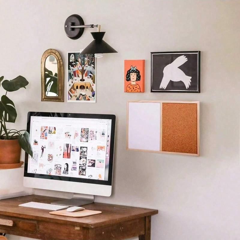 1pc Half Cork Board Half Whiteboard Bulletin Board, Pine Wood Frame, Classic Color, Hanging Multifunctional Design for School Office Home