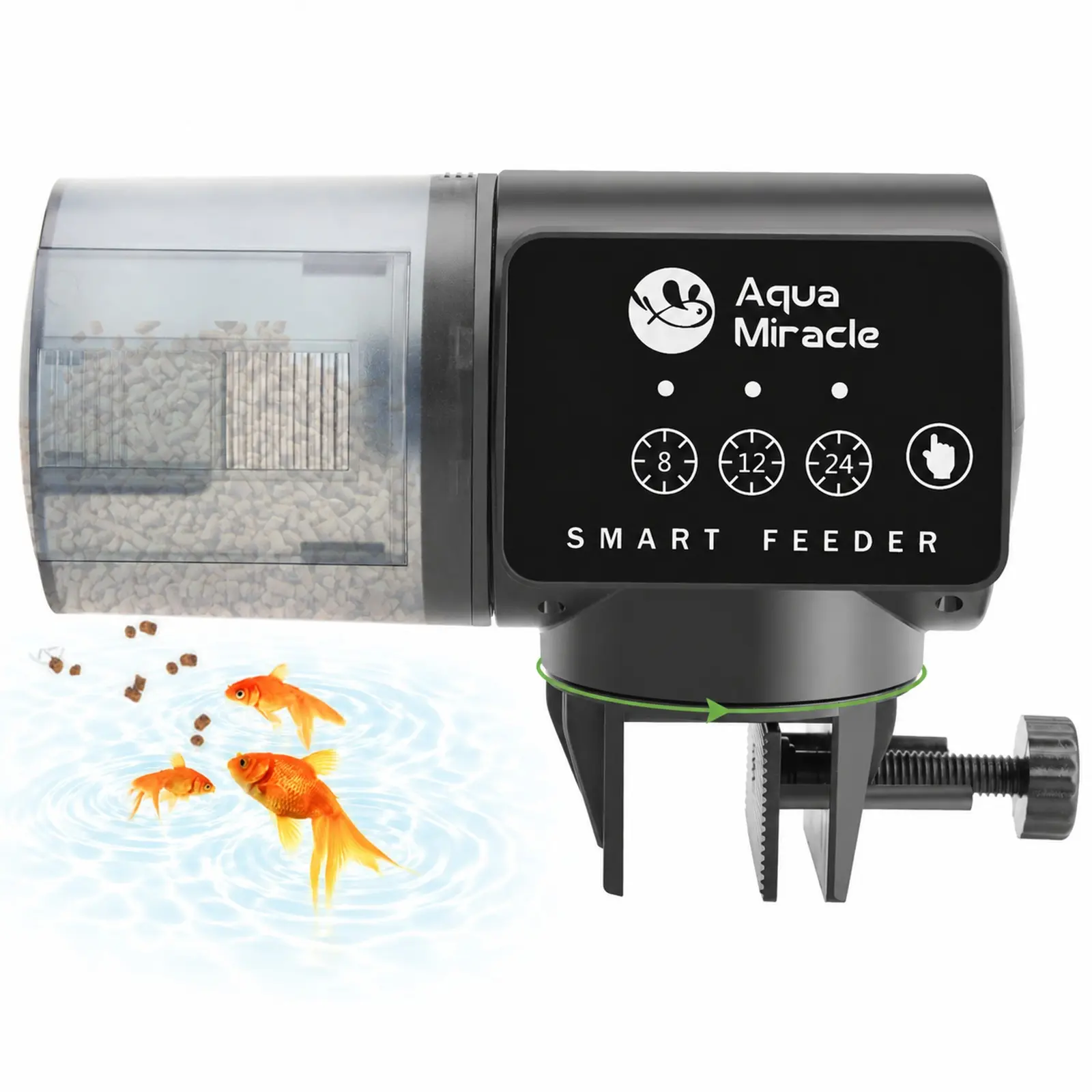 AquaMiracle Automatic Fish Feeder for Aquarium - Auto Food Dispenser with Timer Control, Moisture-Proof Plastic Drum, Volume Adjustable, Bracket or Sticker Mount, Suitable for Granules, Pellets, Strips