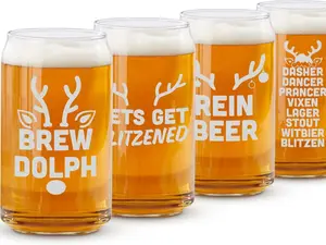 On The Rox Drinks Funny Christmas Beer Glasses -  Reindeer Holiday Beer Can Glass Set of 4 - Christmas Drinking Glasses and Drinkware - Beer Gift Sets for Christmas Sturdy