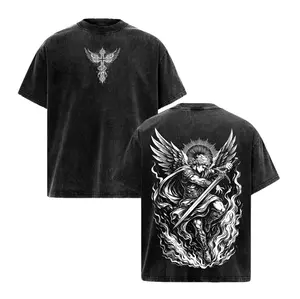 Archangel Michael Vintage Washed Oversized Christian T-Shirt, Angel of Fire Faith Graphic Tee, Heavy Cotton Dark Scripture Streetwear Top, Unisex Retro Worship Shirt for Believers cotton tee shirt Menswear Sleeve Man Casual Tropical Crewneck