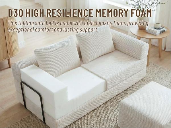Durable Corduroy Convertible Sofa Bed - Modern Boneless Modular Futon with Fixed Arms, Folding Oversized Plush Chaise Lounge, Fully Assembled Dust-Free Vacuum Packed Bedroom Furniture for Rental Small Apartments, Budget-Friendly Nugget Couch