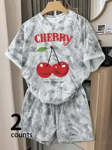 Women's Cherry Print Two Piece Set, Oversized Camo Tee + Shorts Loungewear Homewear | #TwoPieceSet #CherryPrint #LoungewearSet