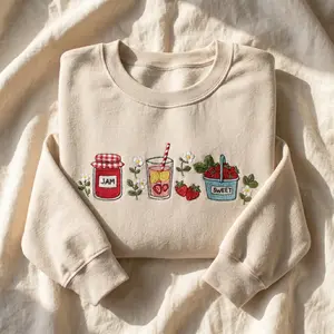 [MADE IN US] Embroidered Strawberry Jam Sweatshirt, Cottagecore Crewneck Tee, Summer Berries T-Shirt, Kawaii Fruit Shirt, Gift for Her, Plant Lover Tee