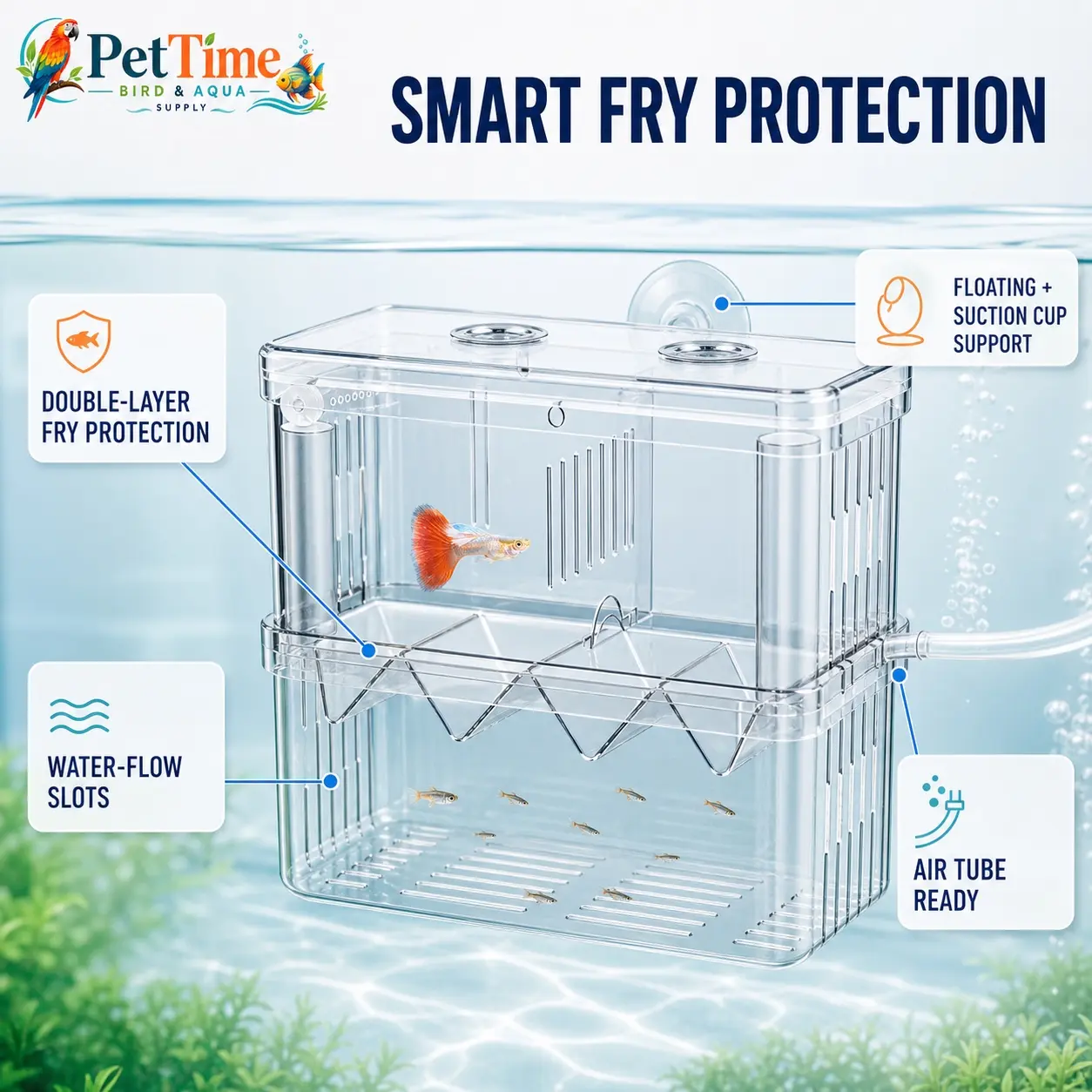 PetTime Extra-Large Fish Breeding Box for Aquarium, Transparent PP Dual-Chamber Guppy Breeder and Fry Isolation Nursery with Fine Flow Slots, Dual Feeding Holes, Removable Divider and Airline Port for Guppies, Bettas, Shrimp and Fish Breeders