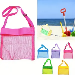 Beach shell & sand toy storage bag. Adjustable mesh bag with buckle, colorful. Crossbody or handheld. Great for seashells, toys, swimwear, toiletries