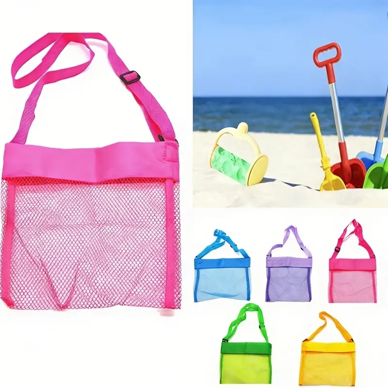Beach shell & sand toy storage bag. Adjustable mesh bag with buckle, colorful. Crossbody or handheld. Great for seashells, toys, swimwear, toiletries