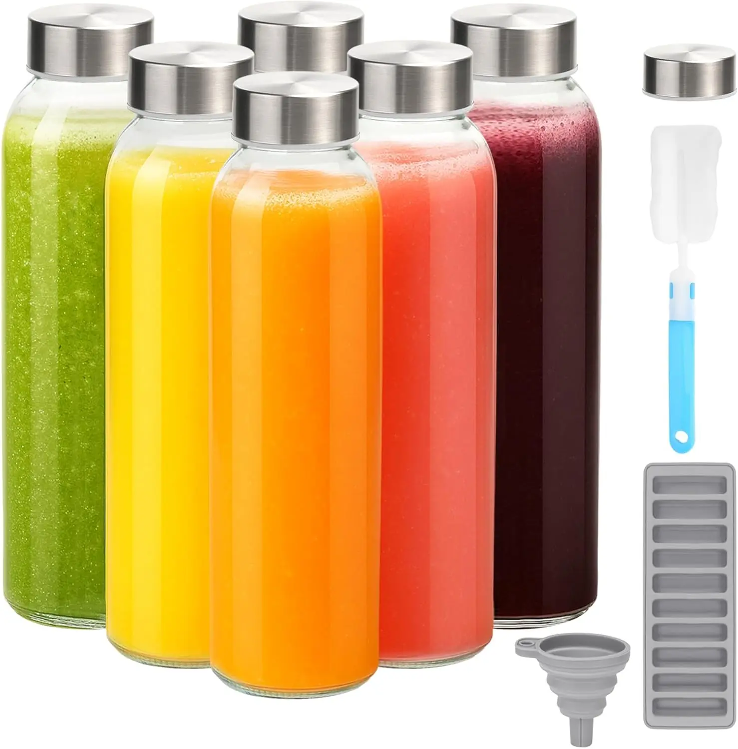 Set of 6 Glass Juice Bottles with Lids for Juicing 18 oz, Reusable Clear Glass Water Bottles with Stainless Steel Airtight Cap for Refrigerator, 100% Leak Proof Drinking Jar, BPA Free.