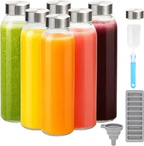 Set of 6 Glass Juice Bottles with Lids for Juicing 18 oz, Reusable Clear Glass Water Bottles with Stainless Steel Airtight Cap for Refrigerator, 100% Leak Proof Drinking Jar, BPA Free.