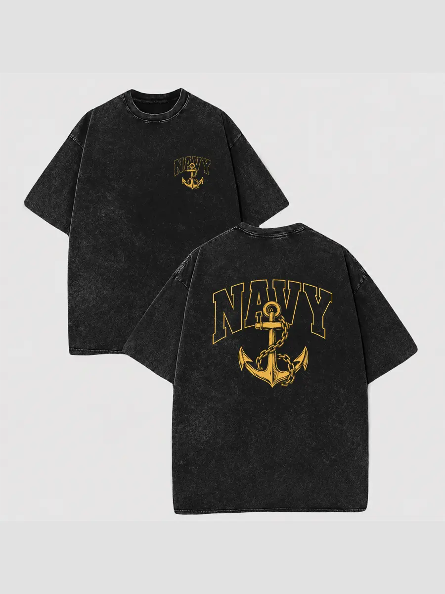 Vintage Washed Black Navy Anchor Graphic T Shirt, Retro Military Style Short Sleeve Tee with Front Chest and Back Print, Nautical Anchor Design Casual Streetwear Shirt, Oversized Unisex T Shirt for Men Women, Classic Y2K Fashion Top