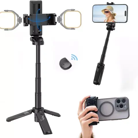 ULANZI JJ02 3-in-1 Lightweight Compact Selfie Stick Tripod - Mobile Selfie Stand Accessory with Extendable Phone Holder, Detachable Remote, 2 Cold Shoes, 10m Wireless Shutter, Polyamide Pocket-Size Design for Content Creators, Camera Vlogging Photography