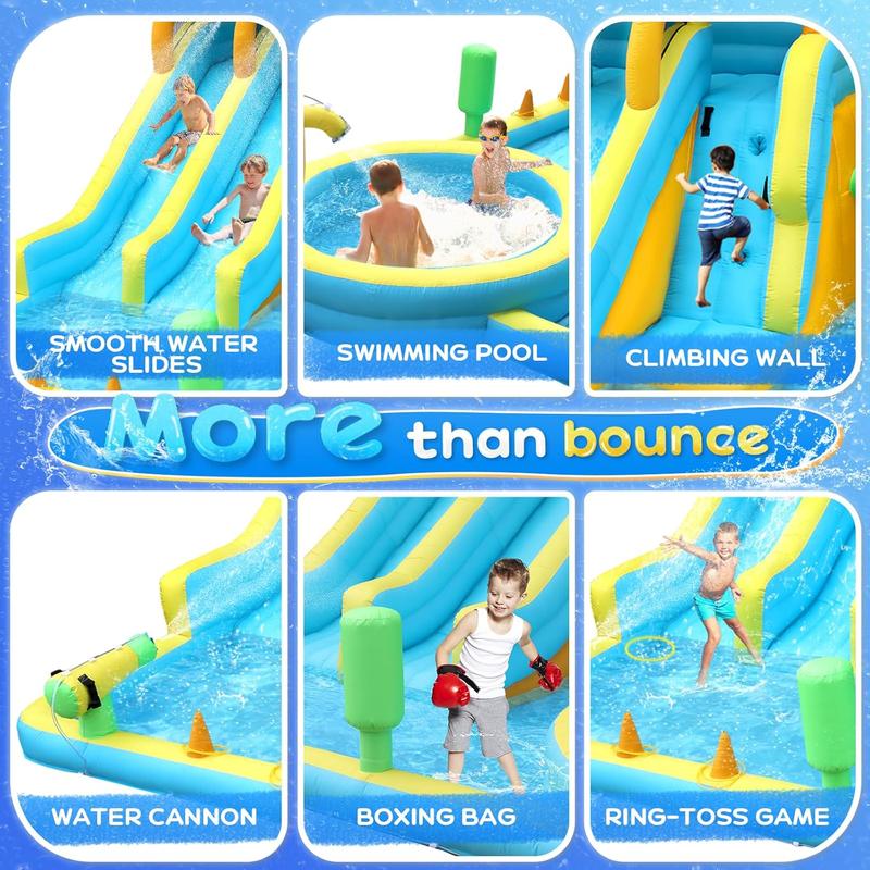 JOYMOR 11-in-1 Inflatable Water Slide for Kids Backyard w/ 2 Waterslide, 2 Basketball Hoop, Pool, Climbing Wall, Water Blasters, 1min Blow Up Water Slides Park w/ 750w Blower, Storage Bag