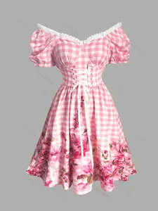 Vintage Style Picnic Plaid Dress with Camellia Print, Romantic Lace Collar, Floral Hem, Adjustable Elastic Waist, Pleated Lantern Sleeve, Summer Dress