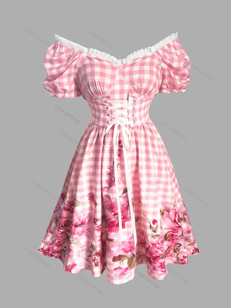 strapless open back dress Soft Pink Gingham Vintage Inspired Halter Pinup Dress