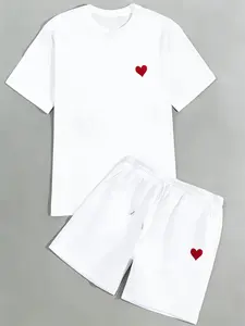 lRed Heart Embroidered 2-Piece Tracksuit Set | Viral TikTok Couple Matching Outfit | Casual Loungewear T-Shirt & Shorts | Minimalist Streetwear Fashion for Men & Women | Soft Breathable Fabric for Daily, Vacation & Gym Wear | Popular Black & White Matchin