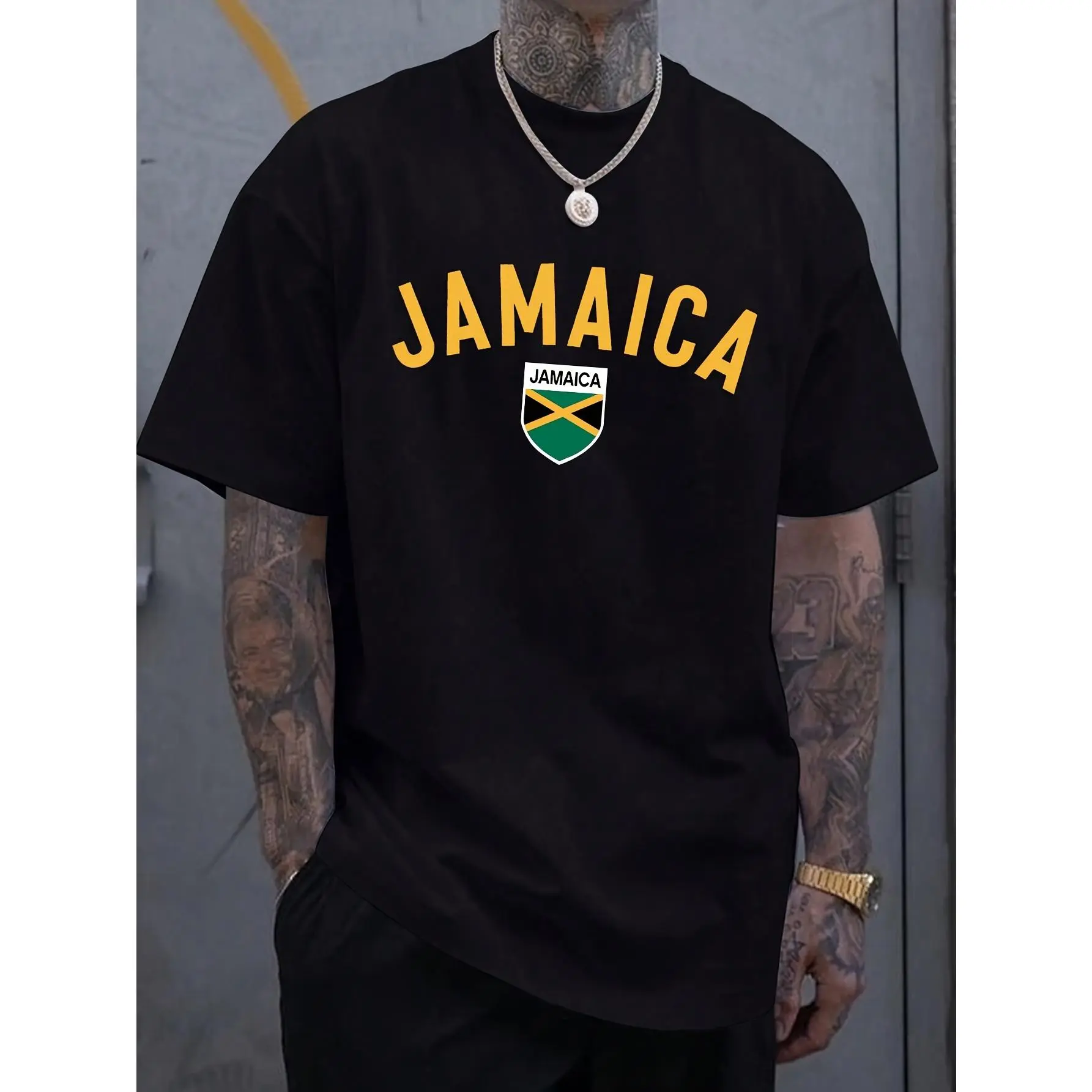 Plus Size Men's 100% Cotton Jamaica Graphic Print Streetwear T-Shirt, Menswear Casual Short-Sleeve Crew Neck Top, Summer Outdoor Sports & Outdoor Clothing