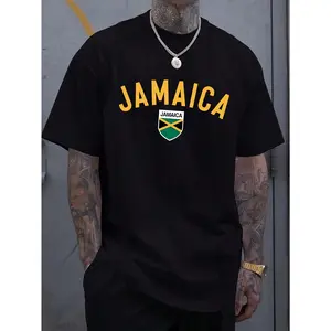 Plus Size Men's 100% Cotton Jamaica Graphic Print Streetwear T-Shirt, Menswear Casual Short-Sleeve Crew Neck Top, Summer Outdoor Sports & Outdoor Clothing
