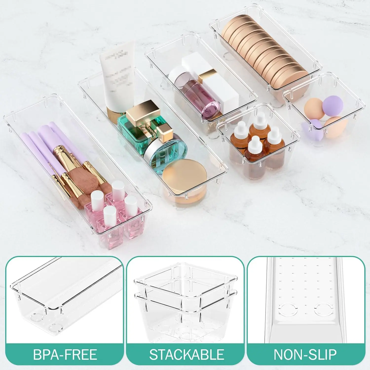 WOWBOX 6-Pack Clear Acrylic Drawer Organizer Boxes - Smooth Silicone Pad Glass Storage Trays for Makeup, Utensils, Office Supplies