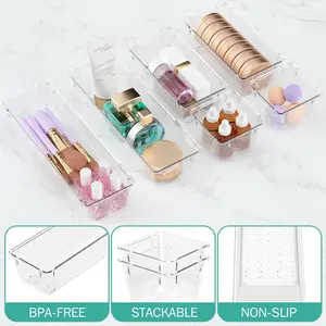 WOWBOX 6-Pack Clear Acrylic Drawer Organizer Boxes - Smooth Silicone Pad Glass Storage Trays for Makeup, Utensils, Office Supplies
