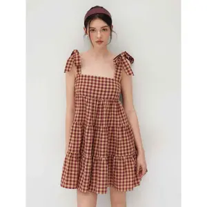 Cider [size 0-10] Cotton-blend Gingham Bowknot Tiered Ruffle Mini Dress