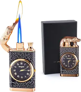 Butane Lighter with Watch Double Flame Windproof Adjustable Refillable Knob Suitable for Indoor Outdoor Use for Men Gas Not Included
