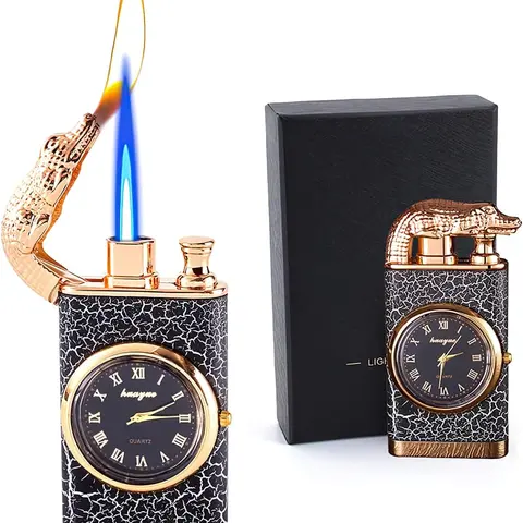 Double-Flame Design Windproof Butane Lighter, Stainless Steel & Plastic Accessory with Watch, Adjustable Refillable Knob, Men’s Practical Indoor/Outdoor Use Item (No Fuel Inside)
