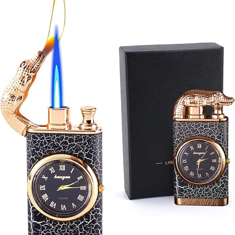 Double-Flame Design Windproof Butane Lighter, Stainless Steel & Plastic Accessory with Watch, Adjustable Refillable Knob, Men’s Practical Indoor/Outdoor Use Item (No Fuel Inside)