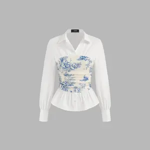 Cider [size 2-10] 100% Cotton V-neck Toile de Jouy Ruched Long Sleeve Blouse