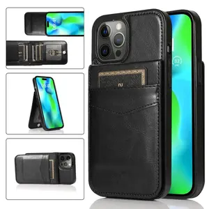 Synthetic Leather Magnetic Flip Card Holder Casing for iPhone 17/16e/15/14/13/12/11 Pro Max, PU Leather Phone Case Cover with RFID Blocking, Stand Feature, Smartphone Accessories