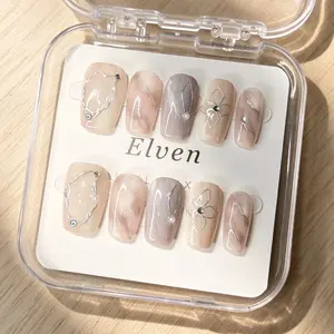 Neutral Marble Flower And Rhinestone Short Square Handmade Press On Nails