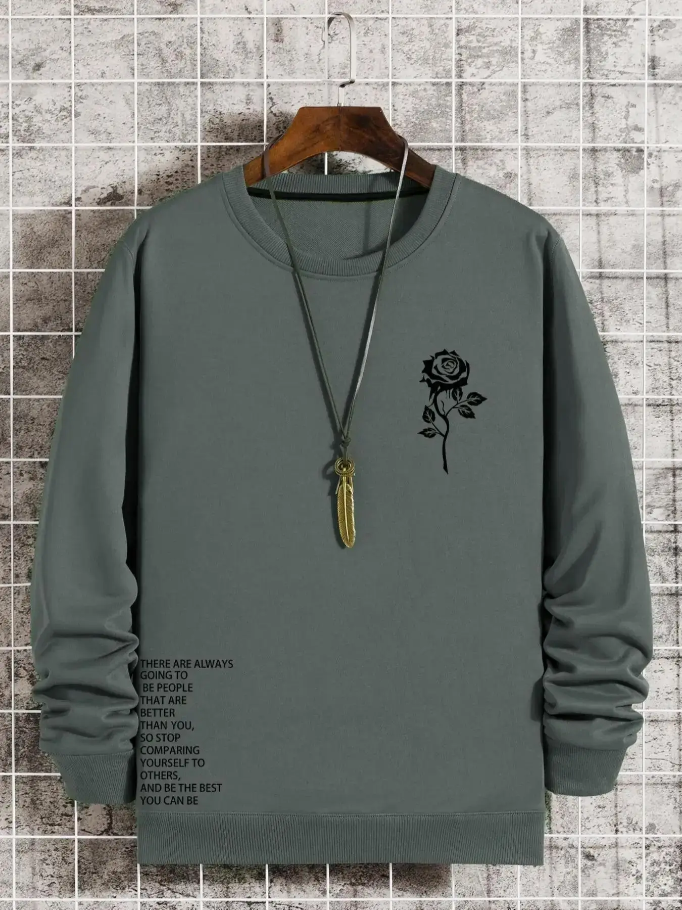 Men's Floral & Slogan Print Round Neck Sweatshirt, Regular Fit Crew Neck Long Sleeve Pullover for Casual Wear, Fashion Men's Top for Spring & Fall