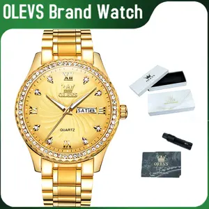OLEVS Men's Genuine Stainless Steel Gold Watch, Modern Analog Quartz Movement, Date Display Window, Luminous Hands for Night Visibility, Elegant Dress Style, Versatile Business Casual Everyday Wear Wristwatch,Comfortable Fit with Secure Deployment Buckle