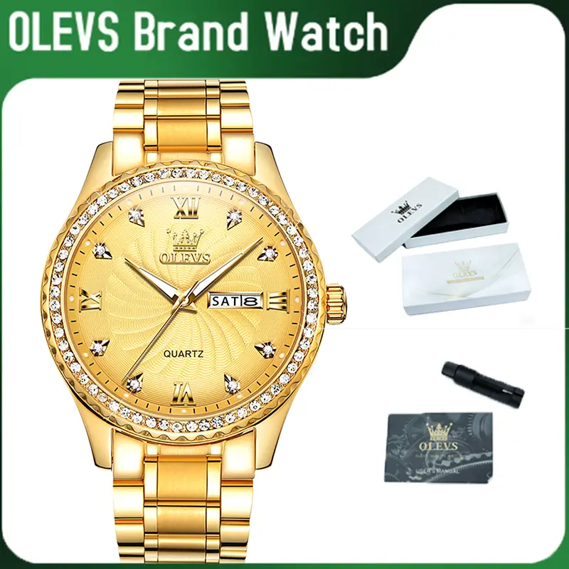 OLEVS Men's 40mm Durable Genuine Stainless Steel Gold White Boxed Edition Quartz Watch - Analog Movement, Date Window, Luminous Hands, Elegant Dress Style, Secure Deployment Buckle, Batteries Included, Business Casual Everyday Wear, Clasp, Metal