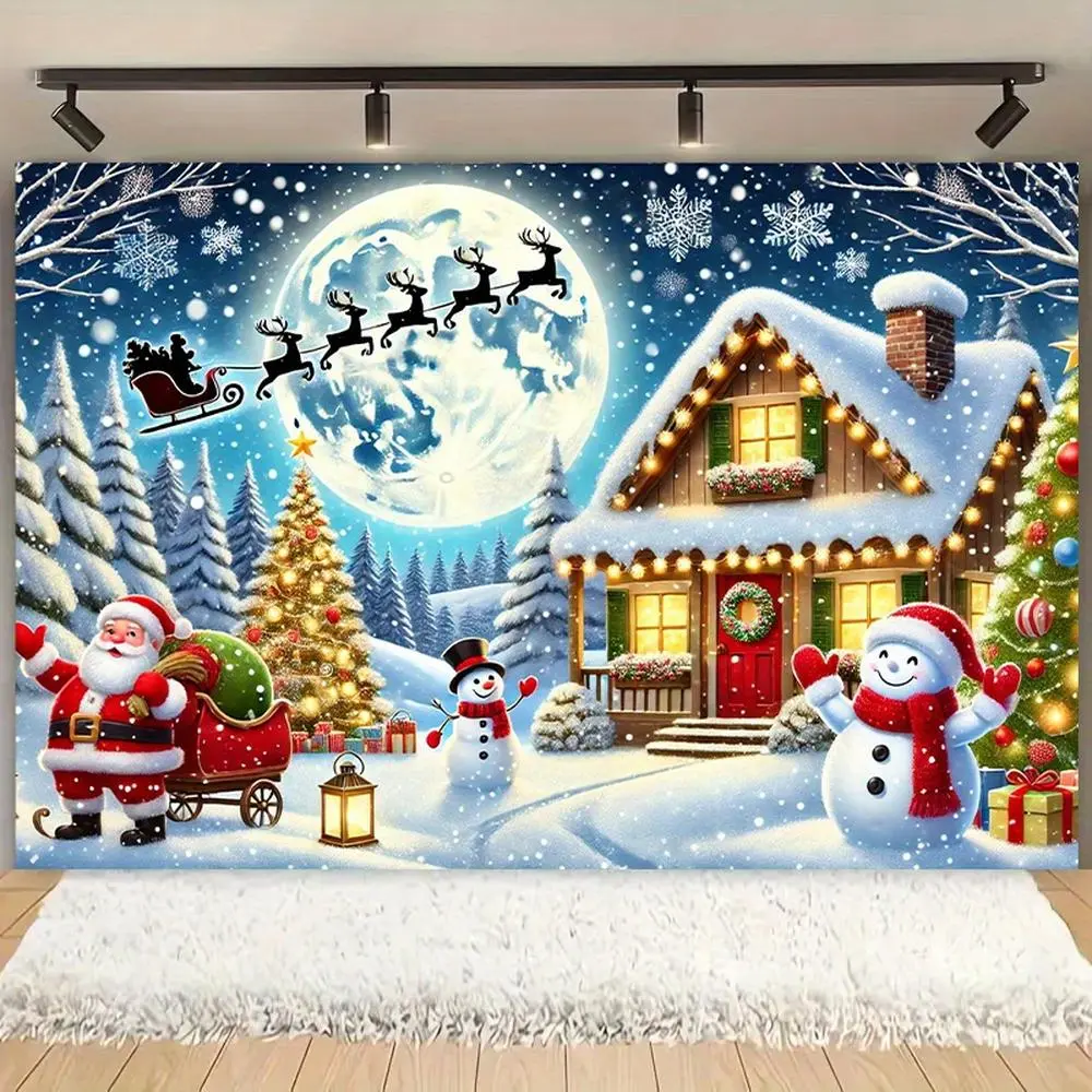 Polyester Santa & Snowmen Christmas Winter Scene Backdrop Banner, Home & Party Decoration Supplies, Indoor-Outdoor Wall Hanging for Festive Events (No Ornaments Included)