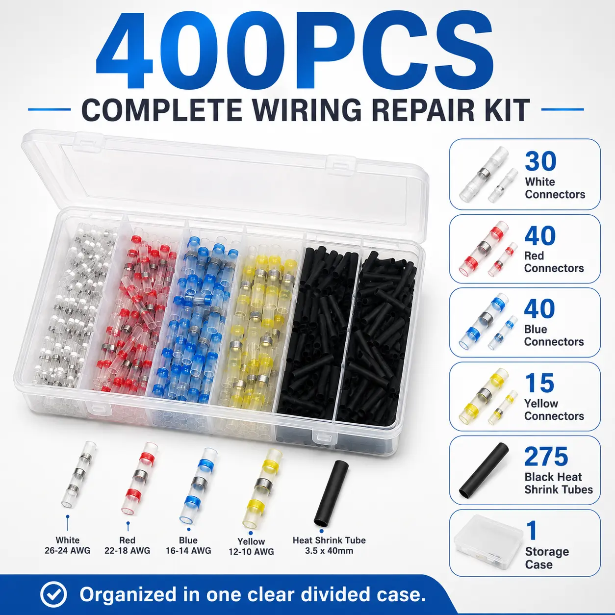 400PCS Solder Seal Wire Connectors Kit, 10-26 AWG Waterproof Heat Shrink Butt Terminals with 275 Black Tubes and Storage Case for Automotive Marine Trailer Wiring Repair