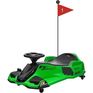 24V Kids Electric Drift Car With Variable Speeds Up To 75 MPH Built In Music Colorful LED Lights USB Port Low Power Alarm Green Ride On Toy