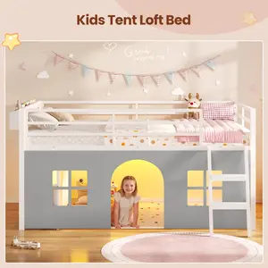 ADORNEVE Low Loft Bed Twin Size with Tent, 5 Storage Drawers, LED Lights, Metal Kids Loft Bed with Bookcase & Under-Bed Play Space,Twin Loft Beds with 13.8''H Safety Guardrail,Inclined Ladder