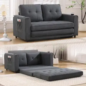 Seizeen 3-in-1 Convertible Futon Sofa Bed, Foldable Tufted Loveseat with Pull-Out Sleeper, Side Pockets & Cup Holder