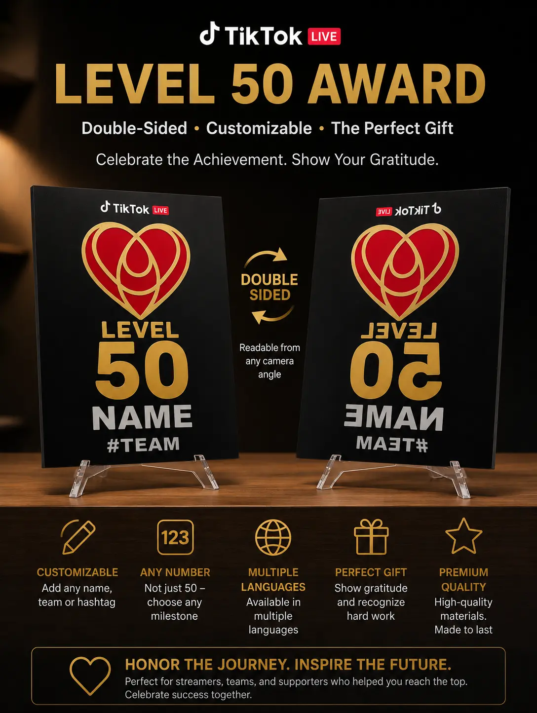LEVEL 50 - 0 DOUBLE SIDED PERSONALIZED AWARD HEART ME SUPER FAN