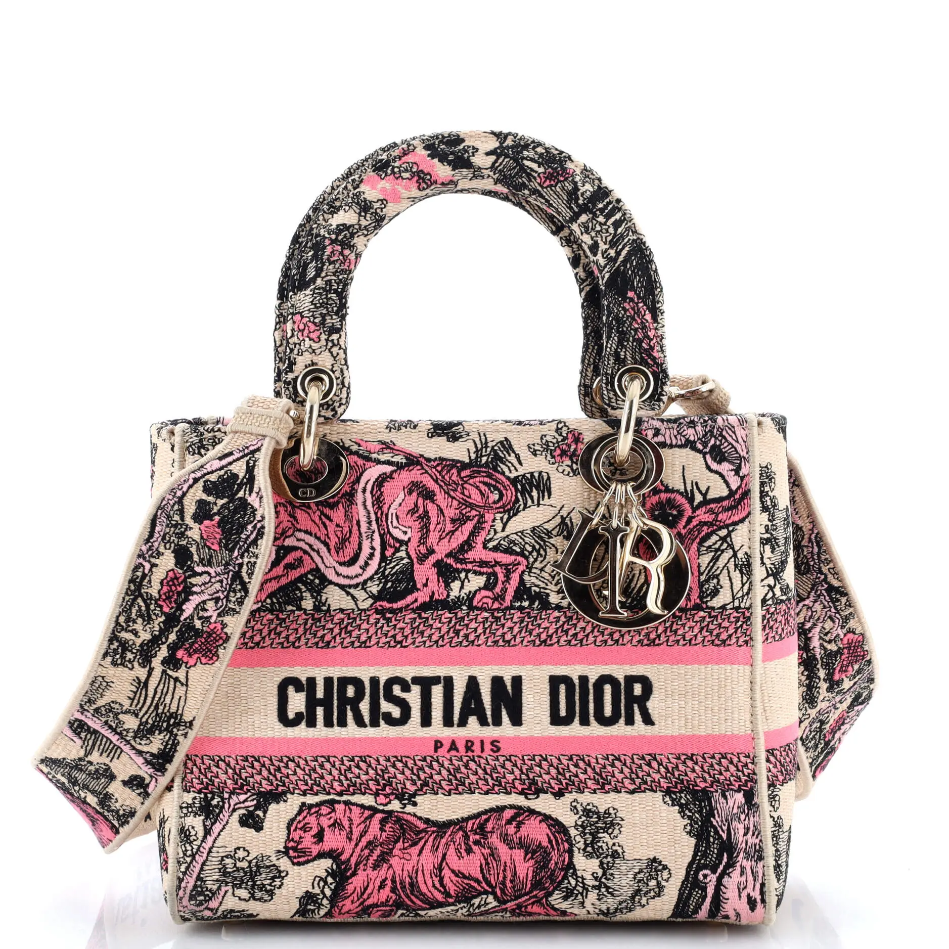 Pre-owned Dior Raffia Top Handle Bags Christian Lady D Lite Bag Embroidered Medium by Rebag
